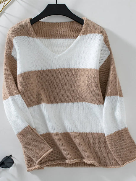 Color Block V-Neck Long Sleeve Sweater Trendsi Hanalas