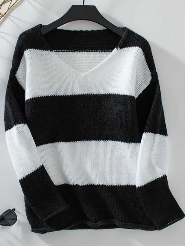 Color Block V-Neck Long Sleeve Sweater Trendsi Hanalas