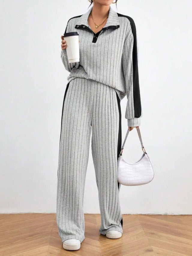 Contrast Collared Neck Long Sleeve Top and Pants Set Trendsi Hanalas