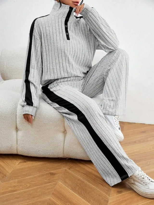 Contrast Collared Neck Long Sleeve Top and Pants Set Trendsi Hanalas