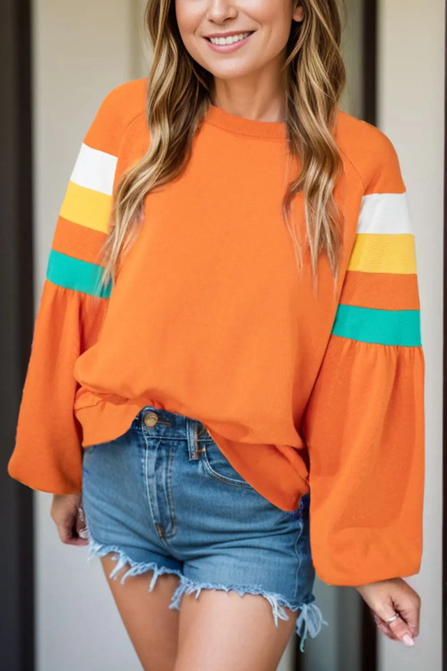 Contrast Round Neck Long Sleeve Blouse Trendsi Hanalas