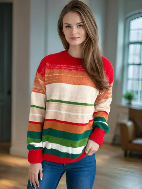 Contrast Striped Round Neck Long Sleeve Sweater Trendsi Hanalas