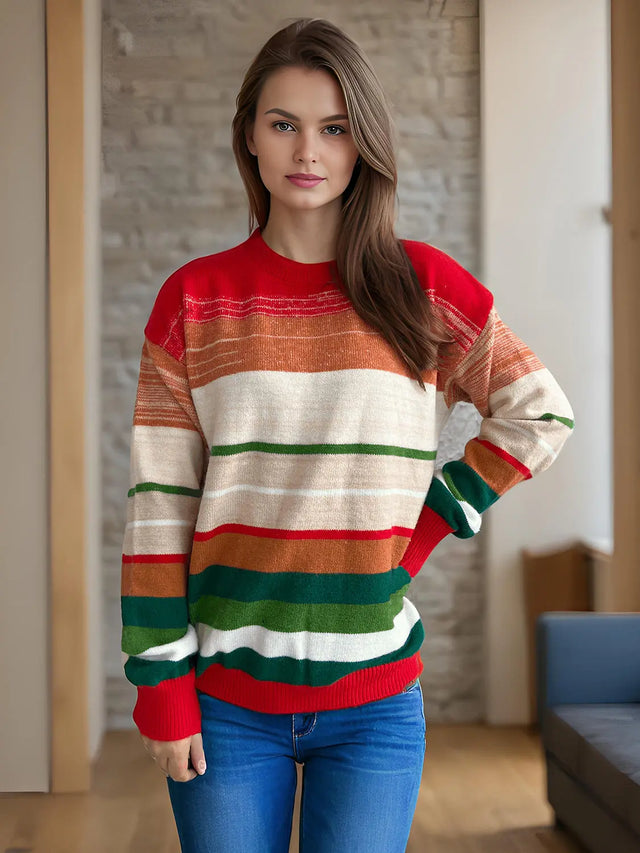 Contrast Striped Round Neck Long Sleeve Sweater Trendsi Hanalas