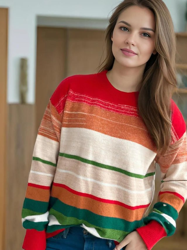 Contrast Striped Round Neck Long Sleeve Sweater Trendsi Hanalas