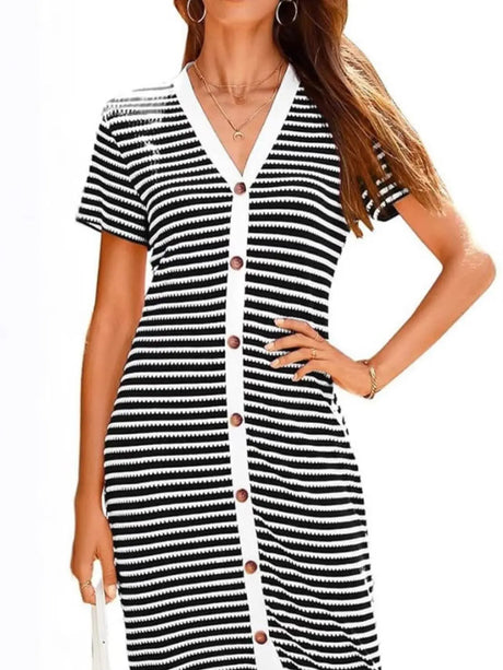 Contrast Striped V-Neck Short Sleeve Midi Dress | Hanalas