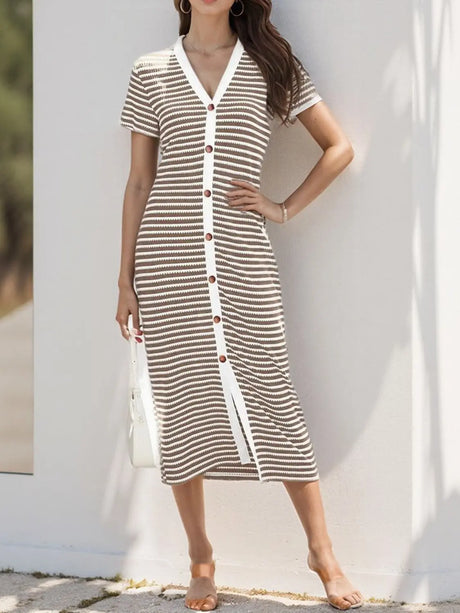 Contrast Striped V-Neck Short Sleeve Midi Dress | Hanalas