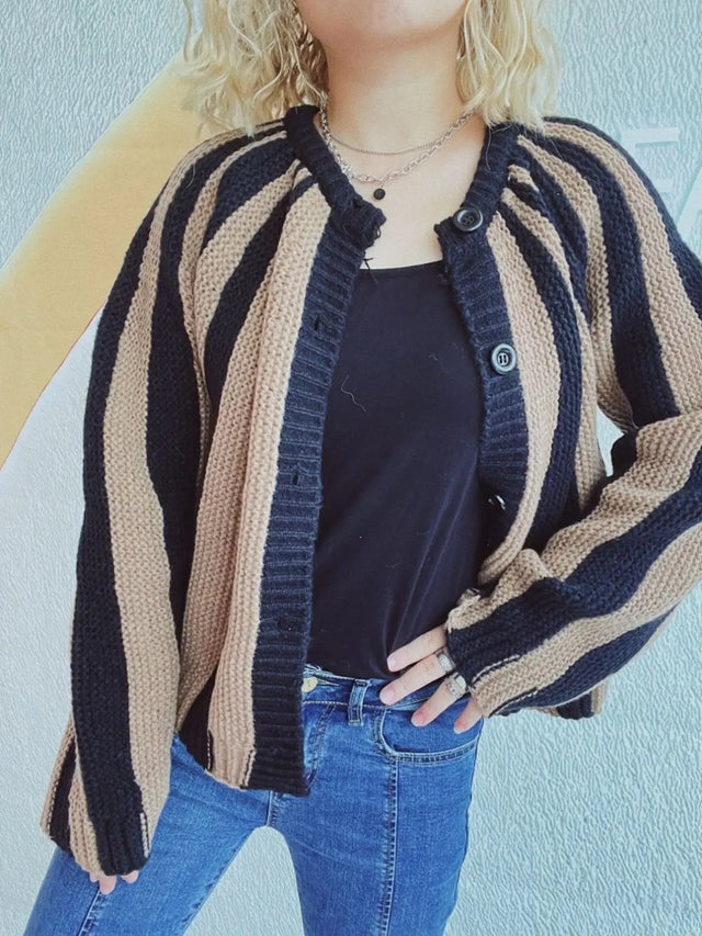 Contrast Stripes Button Down Long Sleeve Cardigan Trendsi Hanalas