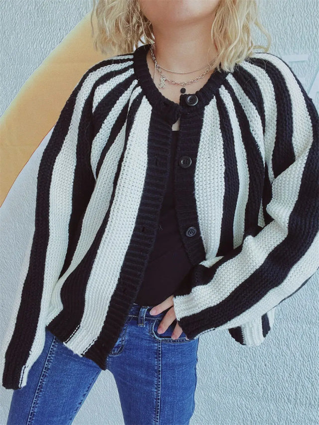 Contrast Stripes Button Down Long Sleeve Cardigan Trendsi Hanalas