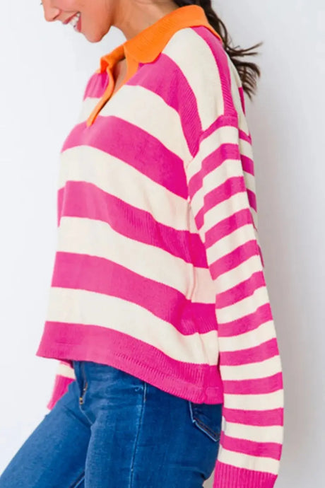 Contrast Stripes Johnny Collar Long Sleeve Sweater Trendsi Hanalas