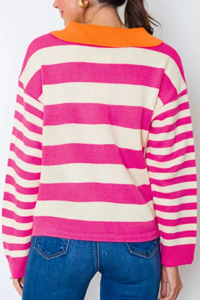 Contrast Stripes Johnny Collar Long Sleeve Sweater Trendsi Hanalas