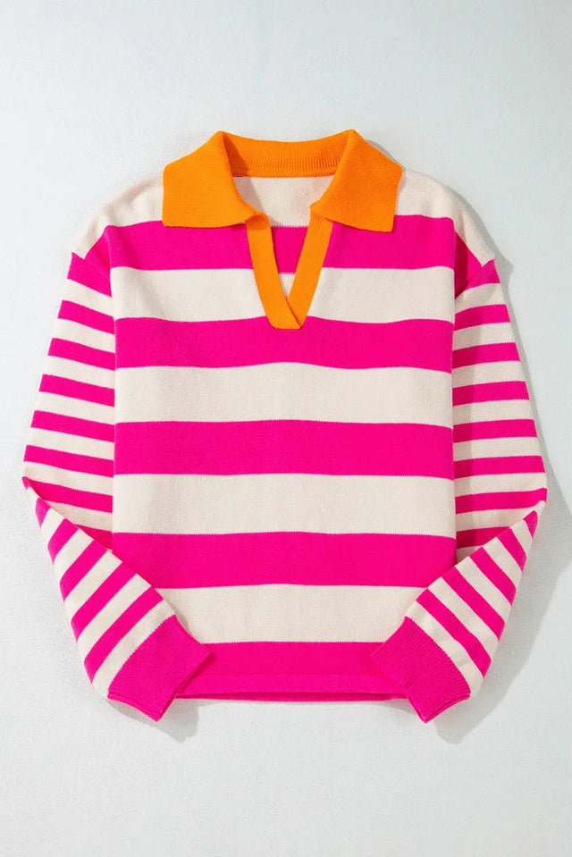 Contrast Stripes Johnny Collar Long Sleeve Sweater Trendsi Hanalas