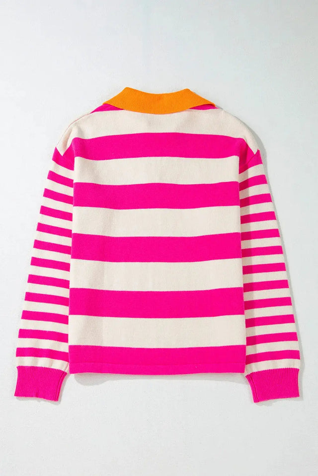 Contrast Stripes Johnny Collar Long Sleeve Sweater Trendsi Hanalas