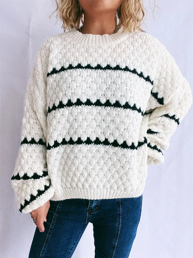 Contrast Stripes Round Neck Long Sleeve Sweater Trendsi Hanalas