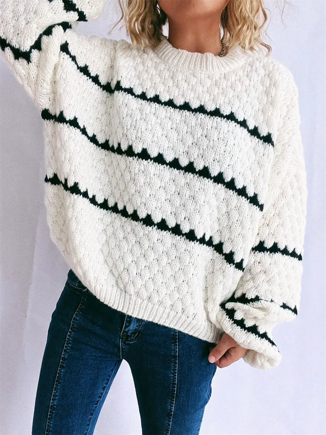 Contrast Stripes Round Neck Long Sleeve Sweater Trendsi Hanalas