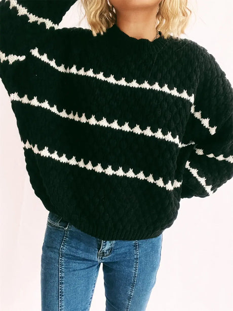 Contrast Stripes Round Neck Long Sleeve Sweater Trendsi Hanalas