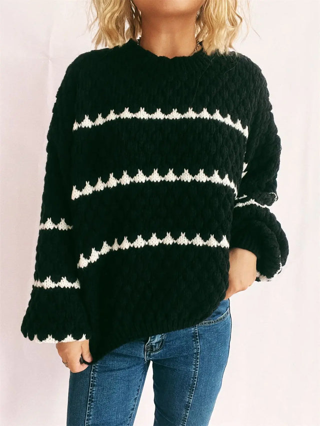 Contrast Stripes Round Neck Long Sleeve Sweater Trendsi Hanalas