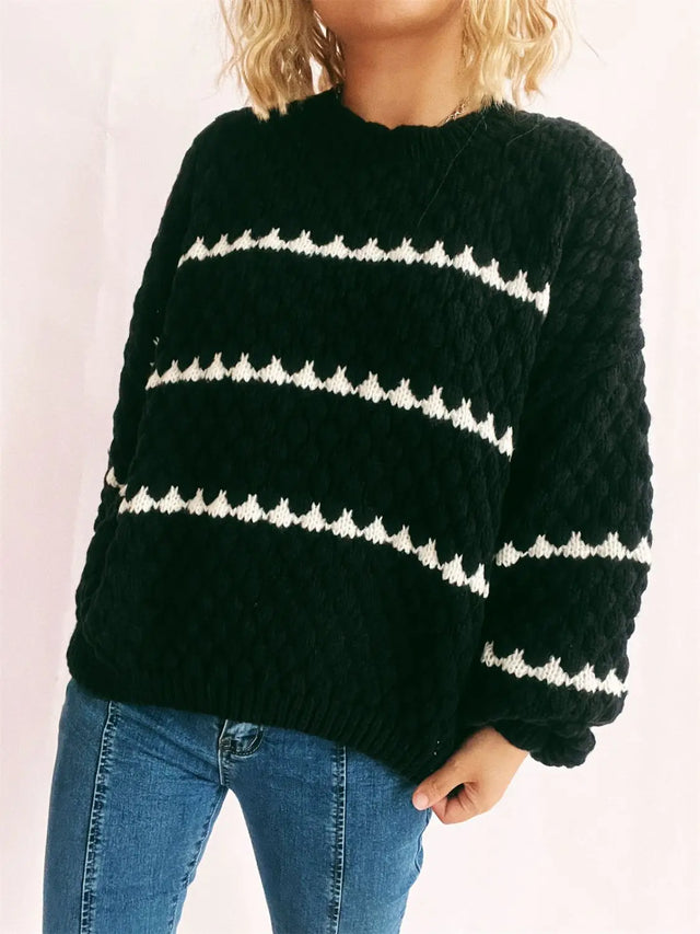 Contrast Stripes Round Neck Long Sleeve Sweater Trendsi Hanalas