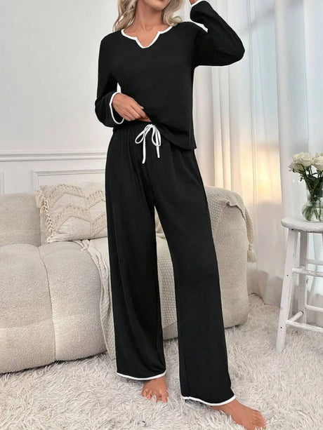 Contrast Trim Notched Long Sleeve Top and Pants Lounge Set | Hanalas
