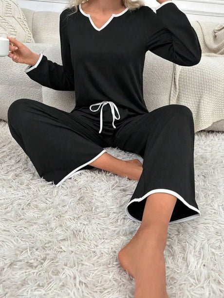 Contrast Trim Notched Long Sleeve Top and Pants Lounge Set | Hanalas