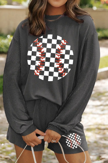 Corded Checkerboard Baseball Graphic Long Sleeve Top and Shorts Set | Hanalas