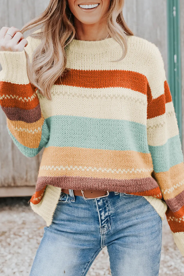 Crew Neck Drop-shoulder Striped Color Block Sweater Trendsi Hanalas