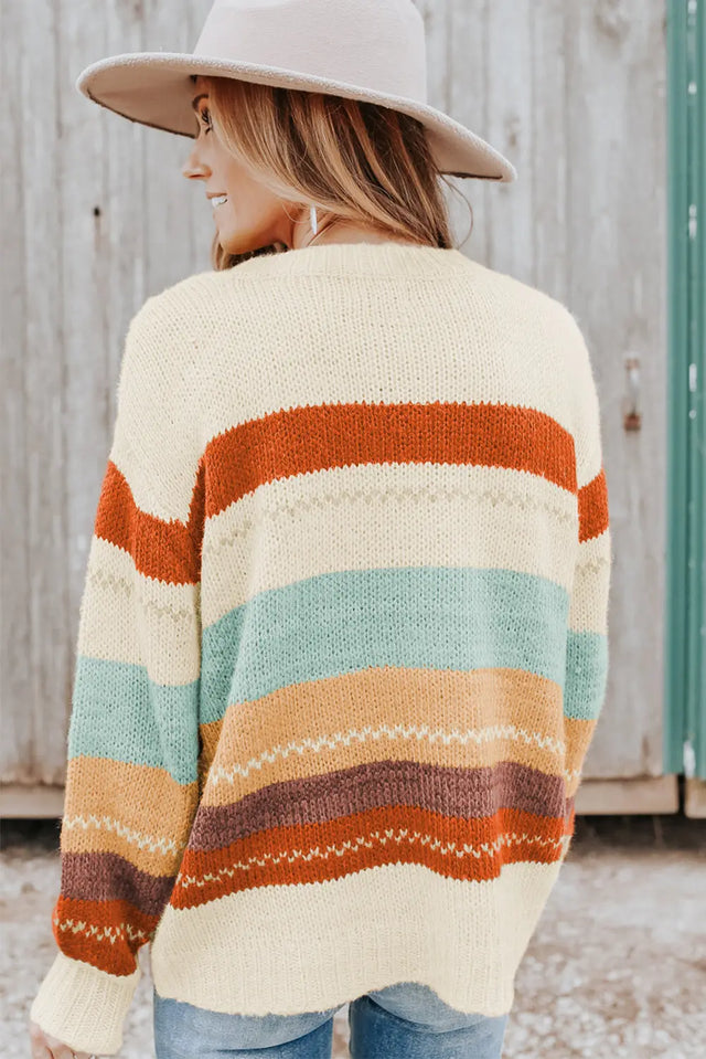 Crew Neck Drop-shoulder Striped Color Block Sweater Trendsi Hanalas