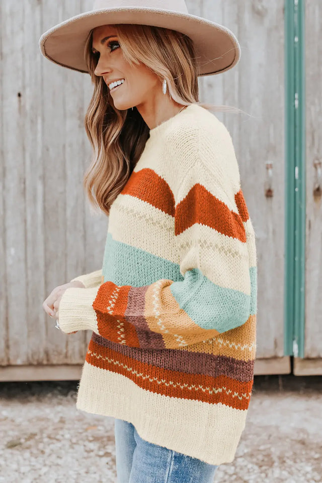 Crew Neck Drop-shoulder Striped Color Block Sweater Trendsi Hanalas