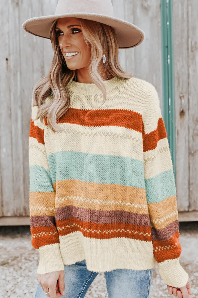 Crew Neck Drop-shoulder Striped Color Block Sweater Trendsi Hanalas