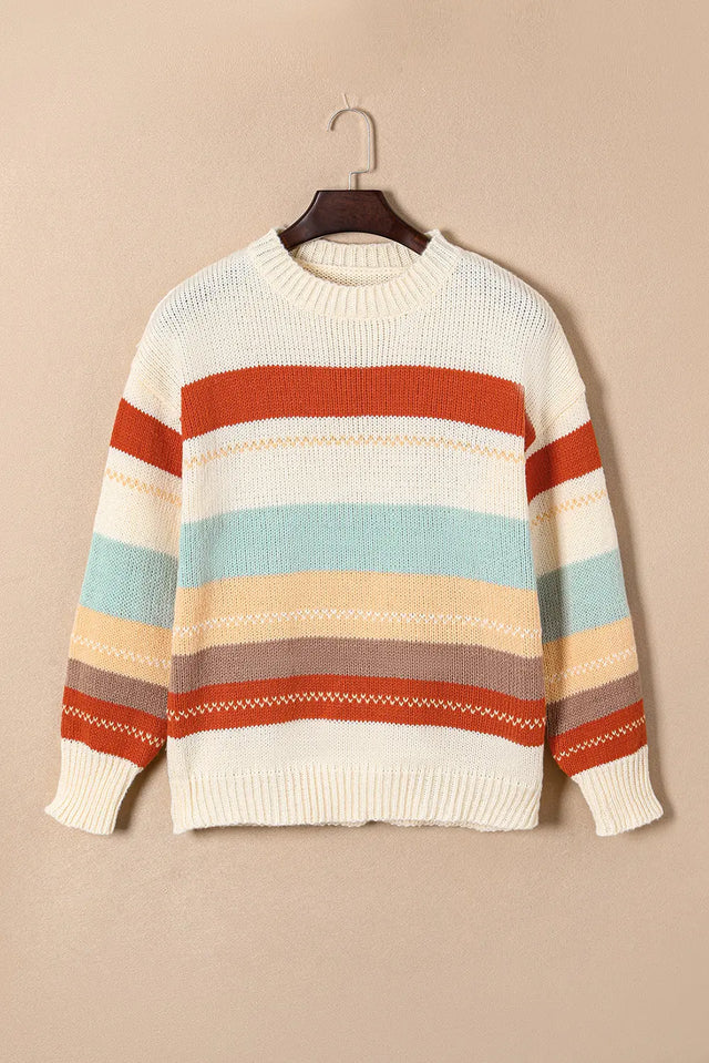 Crew Neck Drop-shoulder Striped Color Block Sweater Trendsi Hanalas