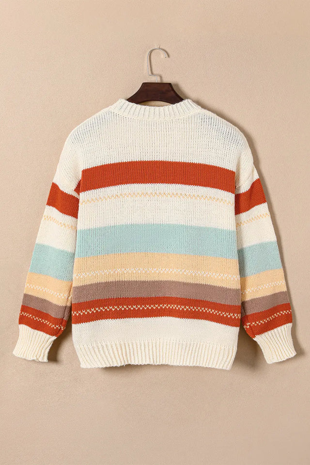 Crew Neck Drop-shoulder Striped Color Block Sweater Trendsi Hanalas