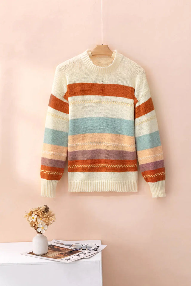 Crew Neck Drop-shoulder Striped Color Block Sweater Trendsi Hanalas