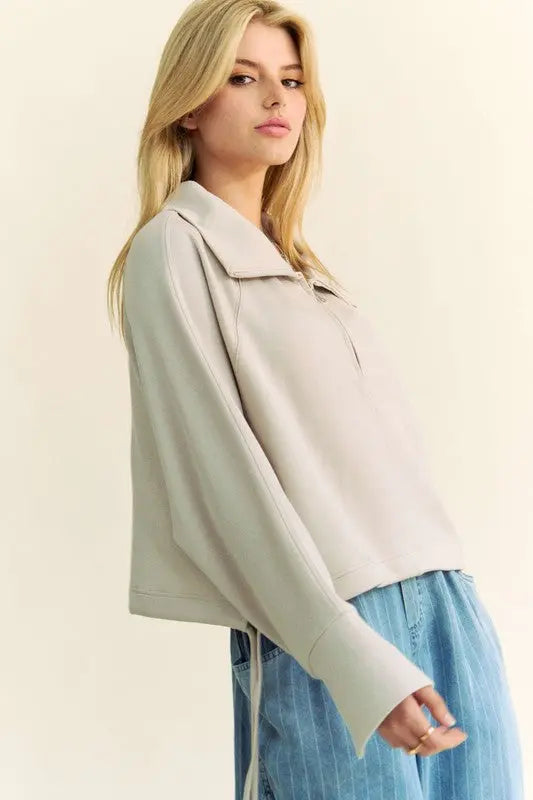 Davi & Dani Drawstring Hem Half Zip Raglan Sleeve Sweatshirt | Hanalas