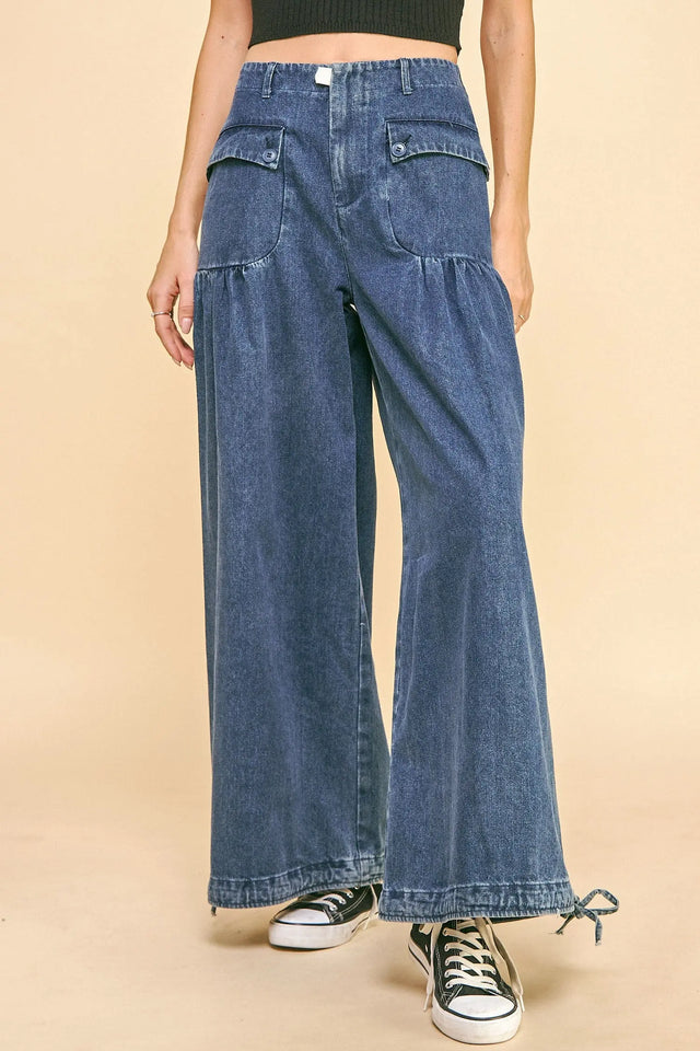 Davi & Dani Drawstring Hem Wide Leg Mid Rise Jeans | Hanalas