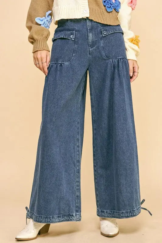 Davi & Dani Drawstring Hem Wide Leg Mid Rise Jeans | Hanalas