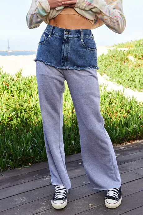 Davi & Dani Raw Hem Denim Patchwork Wide Leg Pants | Hanalas