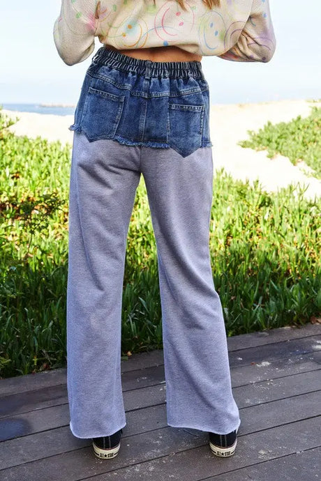 Davi & Dani Raw Hem Denim Patchwork Wide Leg Pants | Hanalas