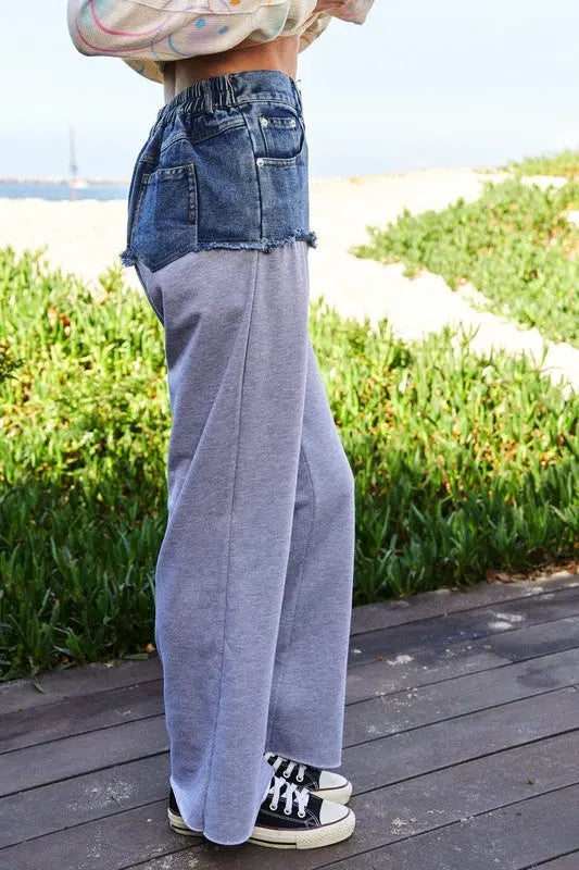 Davi & Dani Raw Hem Denim Patchwork Wide Leg Pants | Hanalas