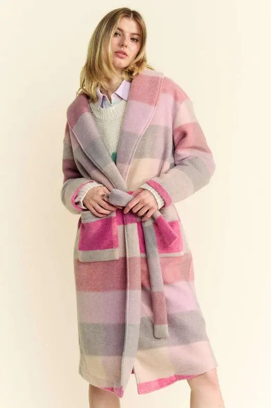 Davi & Dani Tied Color Block Collared Neck Coat | Hanalas