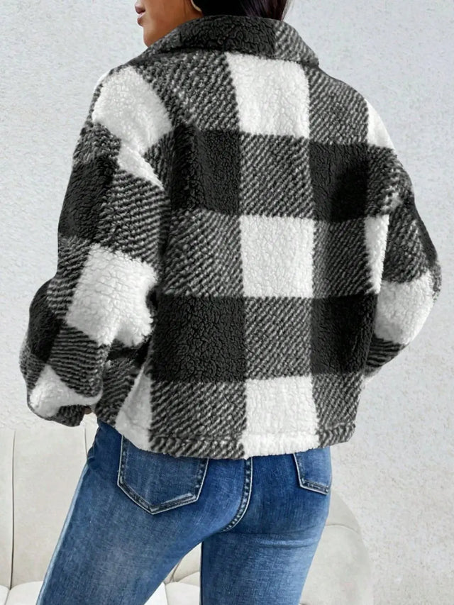 Decorative Pocket Flap Plaid Long Sleeve Jacket Trendsi Hanalas