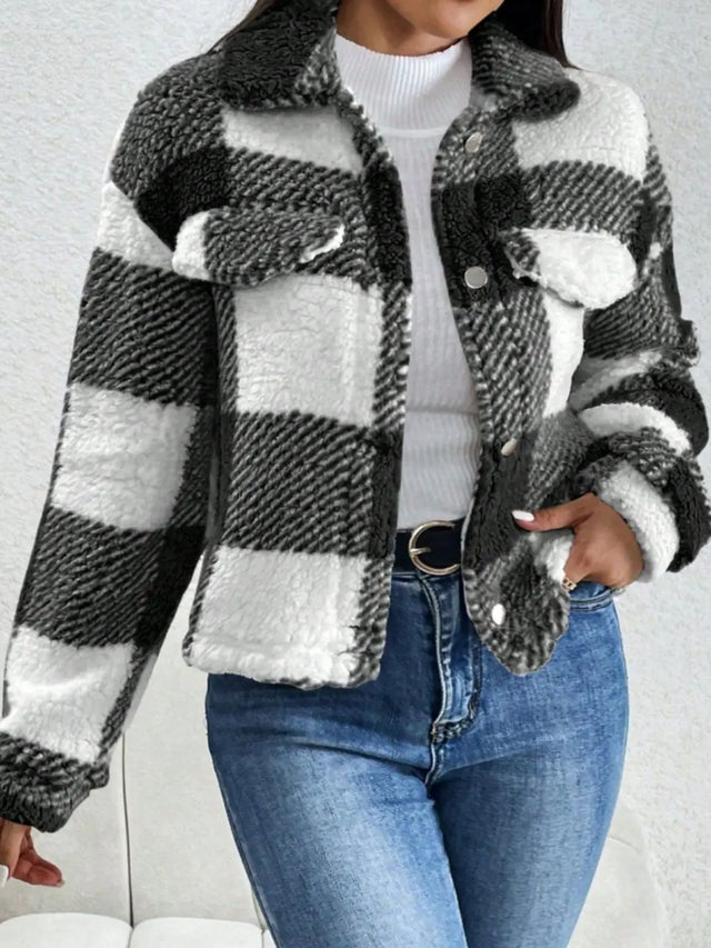 Decorative Pocket Flap Plaid Long Sleeve Jacket Trendsi Hanalas