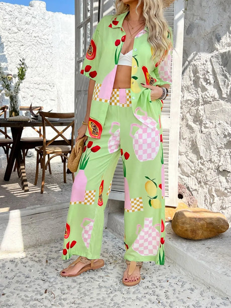 Devine Printed Collared Neck Half Sleeve Top and Pants Set | Hanalas