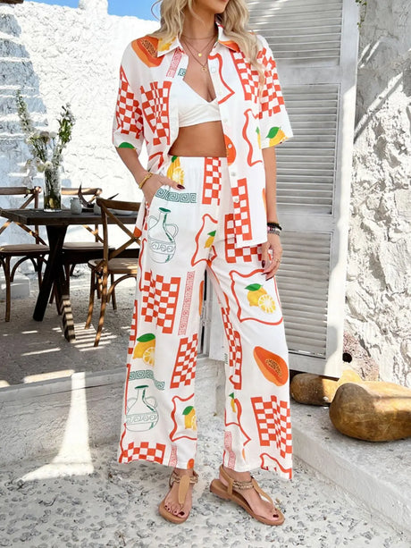 Devine Printed Collared Neck Half Sleeve Top and Pants Set | Hanalas