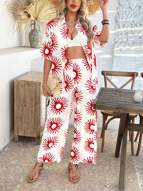 Devine Printed Collared Neck Half Sleeve Top and Pants Set | Hanalas