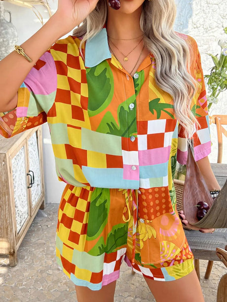 Devine Printed Collared Neck Half Sleeve Top and Shorts Set | Hanalas