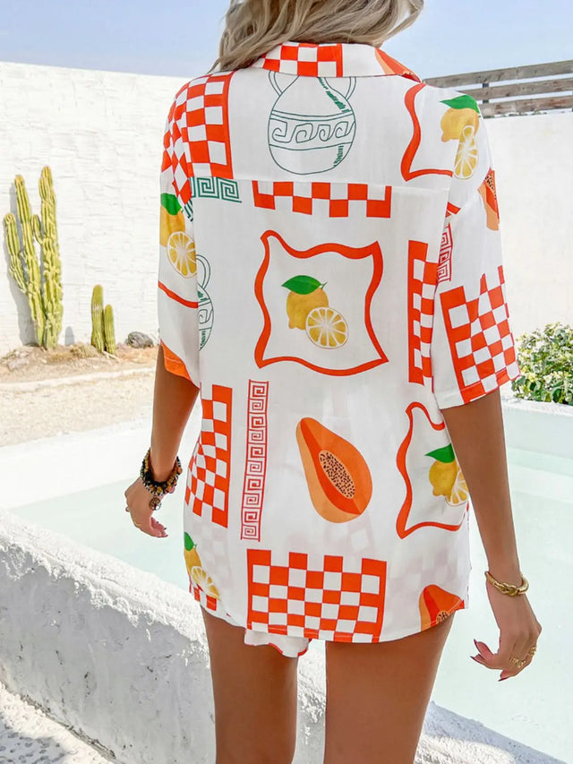 Devine Printed Collared Neck Half Sleeve Top and Shorts Set | Hanalas