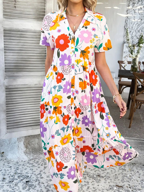Devine Printed Johnny Collar Button Down Short Sleeve Midi Shirt Dress | Hanalas