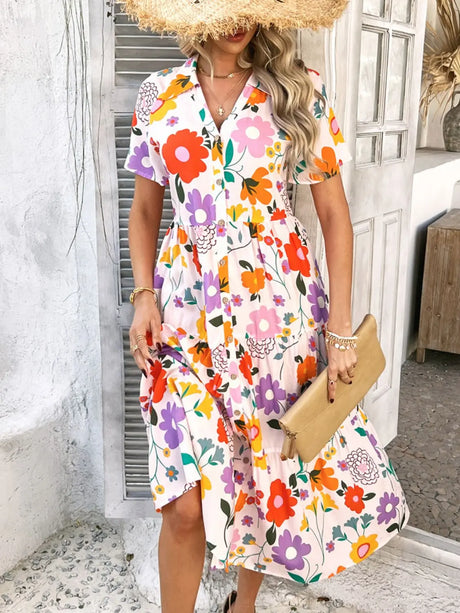 Devine Printed Johnny Collar Button Down Short Sleeve Midi Shirt Dress | Hanalas