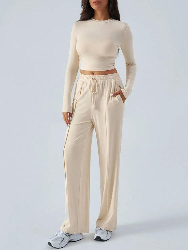 Devine Round Neck Long Sleeve Top and Pants Set Trendsi Hanalas