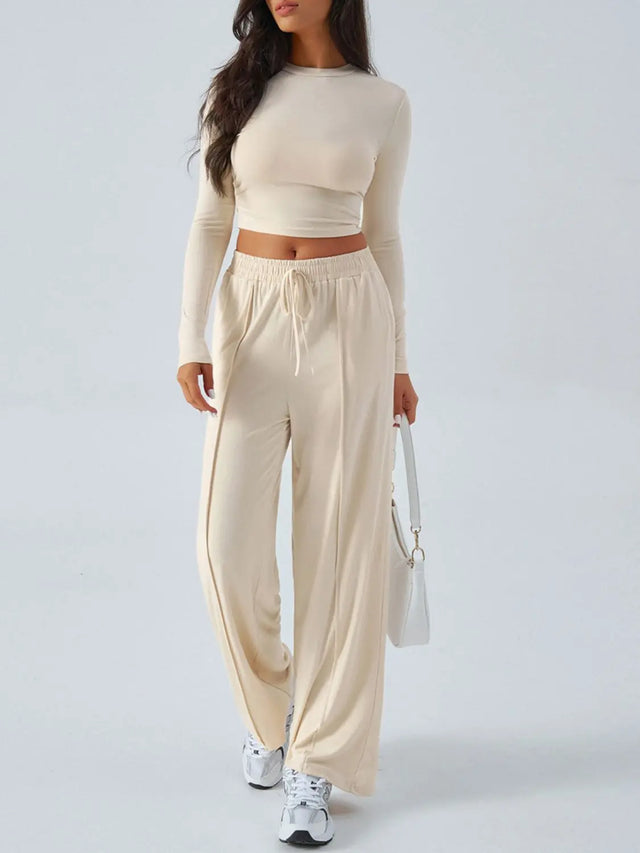 Devine Round Neck Long Sleeve Top and Pants Set Trendsi Hanalas