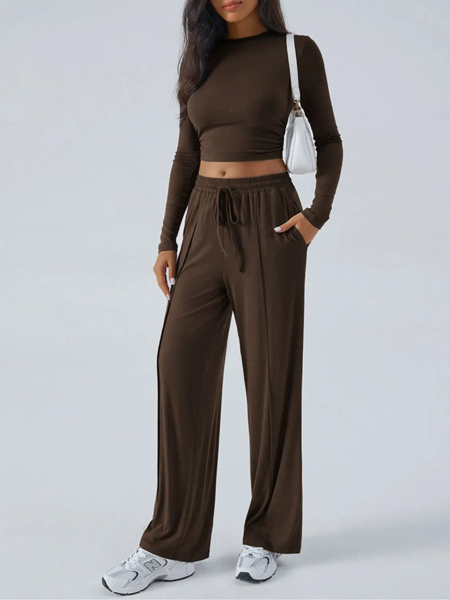 Devine Round Neck Long Sleeve Top and Pants Set Trendsi Hanalas